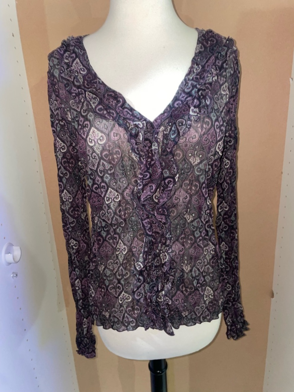 Axcess Women's Purple Paisley Sheer Ruffle V-Neck Blouse